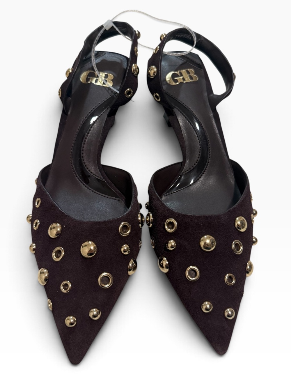 GB Office-Siren Suede Grommet and Stud Kitten Heel Slingback Pumps in Brown